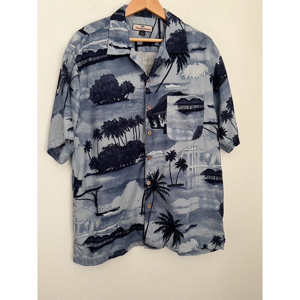 TOMMY BAHAMA Men's 100% Silk Blue Hawaiian Button Up Shirt Palm Trees Retro L